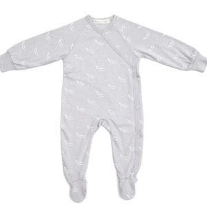 Organic Nights Organic Cotton Crossover Baby Sleepsuit with Feet - Grey Tiny Whales - Image 1